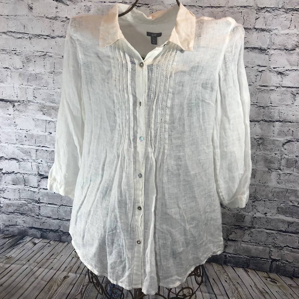 J.Jill White Linen Long Sleeve Pleated Blouse